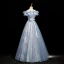 Chic / Belle Bleu Ciel Perlage Paillettes Appliques Robe De Bal 2023 Princesse De l'épaule Noeud Ceinture Sans Manches Dos Nu Longue Promo Robe De Ceremonie