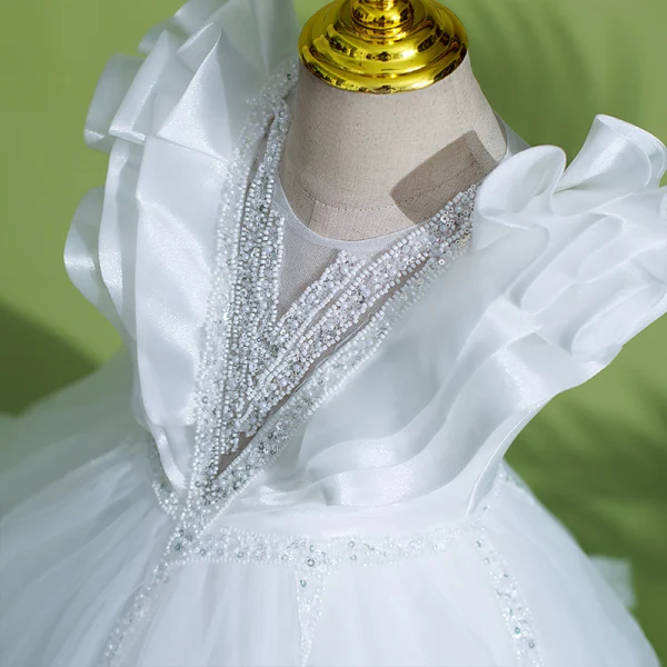 Chic / Beautiful White Birthday Beading Pearl Flower Girl Dresses 2022 Ball Gown Cascading Ruffles Scoop Neck Ruffle Short Sleeve Backless Floor-Length / Long Flower Girl Dresses