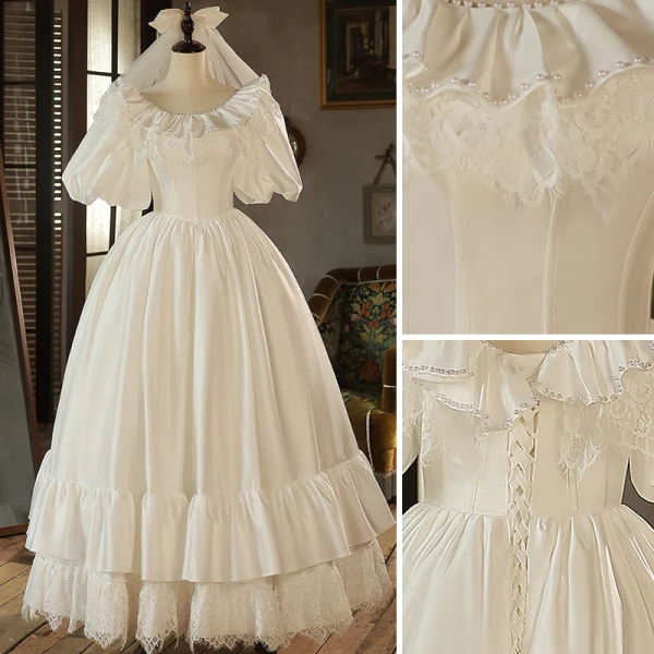 Vintage / Retro Elegant Ivory Satin Wedding Dresses 2023 Ball Gown Pearl Scoop Neck Puffy Short Sleeve Backless Floor-Length / Long Wedding