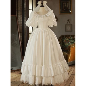 Vintage Originale Élégant Ivoire Satin Robe De Mariée 2023 Robe Boule Perle Encolure Dégagée Gonflée Manches Courtes Dos Nu Longue Mariage