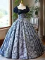 Vintage / Retro Navy Blue Beading Sequins Printing Prom Dresses 2024 Ball Gown Square Neckline Short Sleeve Backless Floor-Length / Long Prom Formal Dresses
