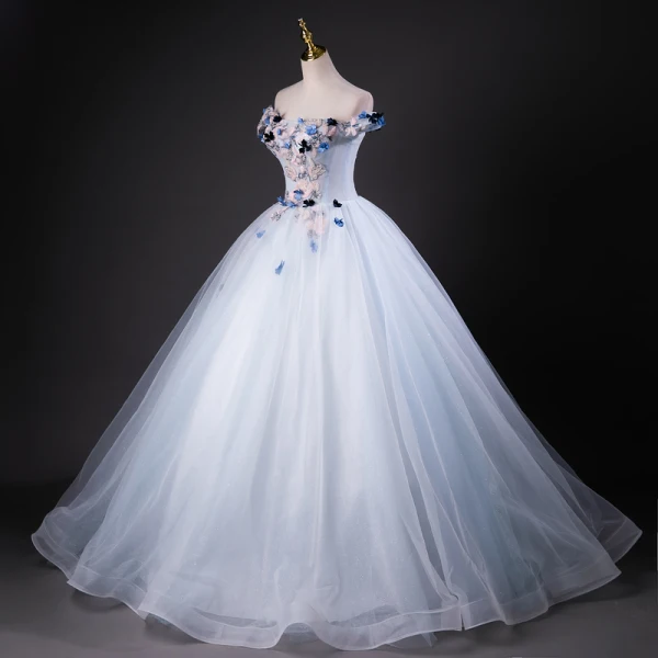 Chic / Beautiful Sky Blue Beading Sequins Appliques Prom Dresses 2023 Ball Gown Off-The-Shoulder Sleeveless Backless Floor-Length / Long Formal Dresses