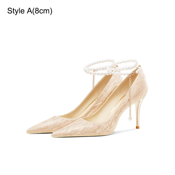 Charmant Gold Pailletten Perle Knöchelriemen Brautschuhe 2023 Leder 8 cm Stilettos Spitzschuh Hochzeit Pumps Hochhackige