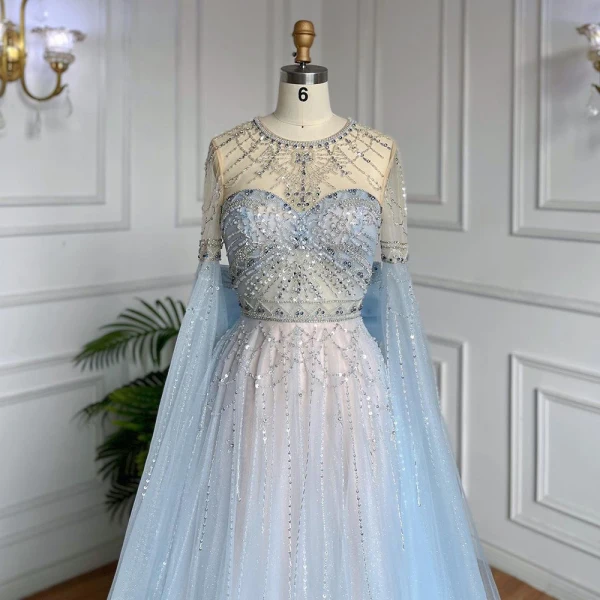 Haut de Gamme Bleu Ciel Fait main Perlage Paillettes Robe De Soirée 2023 Princesse Encolure Dégagée Manches Longues Noeud Soirée Train De Balayage Robe De Ceremonie