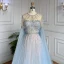 Haut de Gamme Bleu Ciel Fait main Perlage Paillettes Robe De Soirée 2023 Princesse Encolure Dégagée Manches Longues Noeud Soirée Train De Balayage Robe De Ceremonie