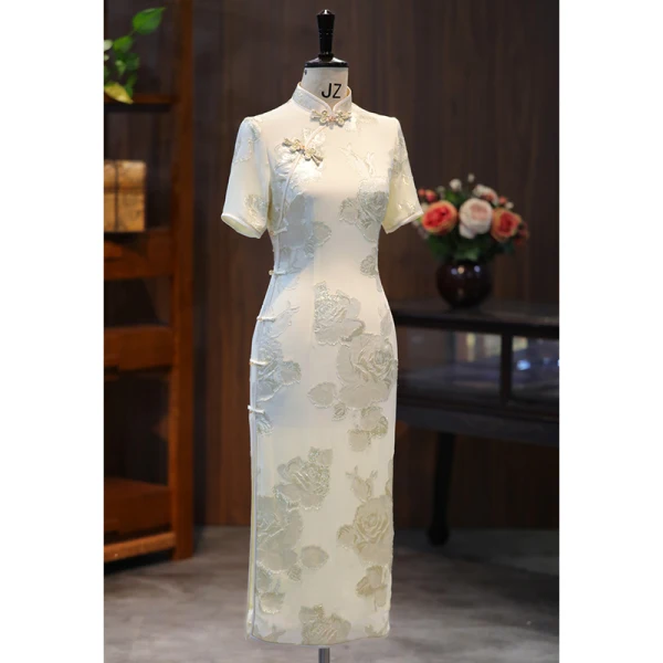 Chinese style Ivory Glitter Printing Evening Party Silk Tea-length Cheongsam / Qipao 2024 Trumpet / Mermaid High Neck Short Sleeve