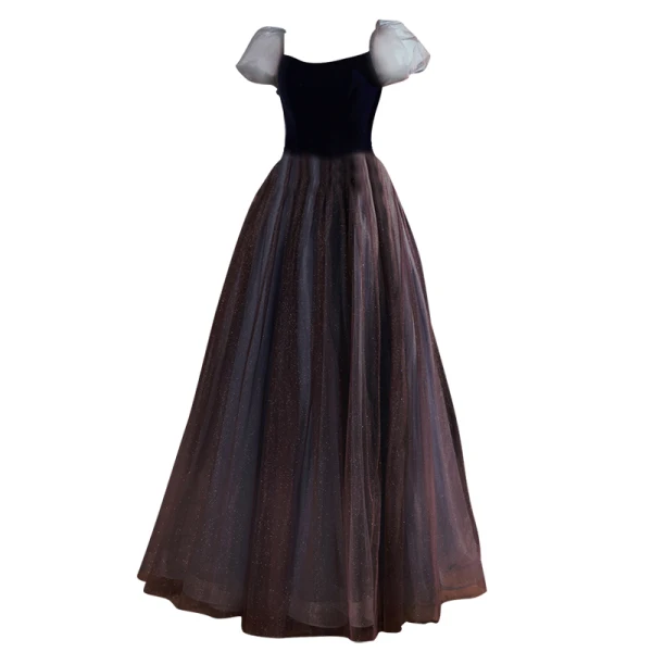 Elegant Purple Suede Sequins Prom Dresses 2022 A-Line / Princess Square Neckline Puffy Short Sleeve Backless Floor-Length / Long Prom Formal Dresses