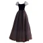 Elegant Purple Suede Sequins Prom Dresses 2022 A-Line / Princess Square Neckline Puffy Short Sleeve Backless Floor-Length / Long Prom Formal Dresses