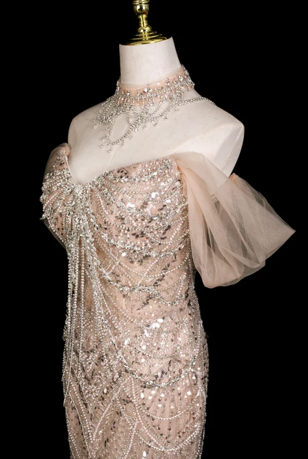 Luxe Scintillantes Champagne Perlage Faux Diamant Paillettes Robe De Soirée 2025 Trompette / Sirène Bustier Sans Manches Dos Nu Train De Balayage Soirée Robe De Ceremonie