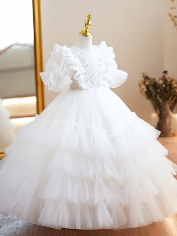 Chic / Beautiful White Beading Sequins Cascading Ruffles Birthday Flower Girl Dresses 2023 Ball Gown Scoop Neck Short Sleeve Floor-Length / Long
