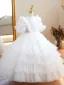 Chic / Beautiful White Beading Sequins Cascading Ruffles Birthday Flower Girl Dresses 2023 Ball Gown Scoop Neck Short Sleeve Floor-Length / Long