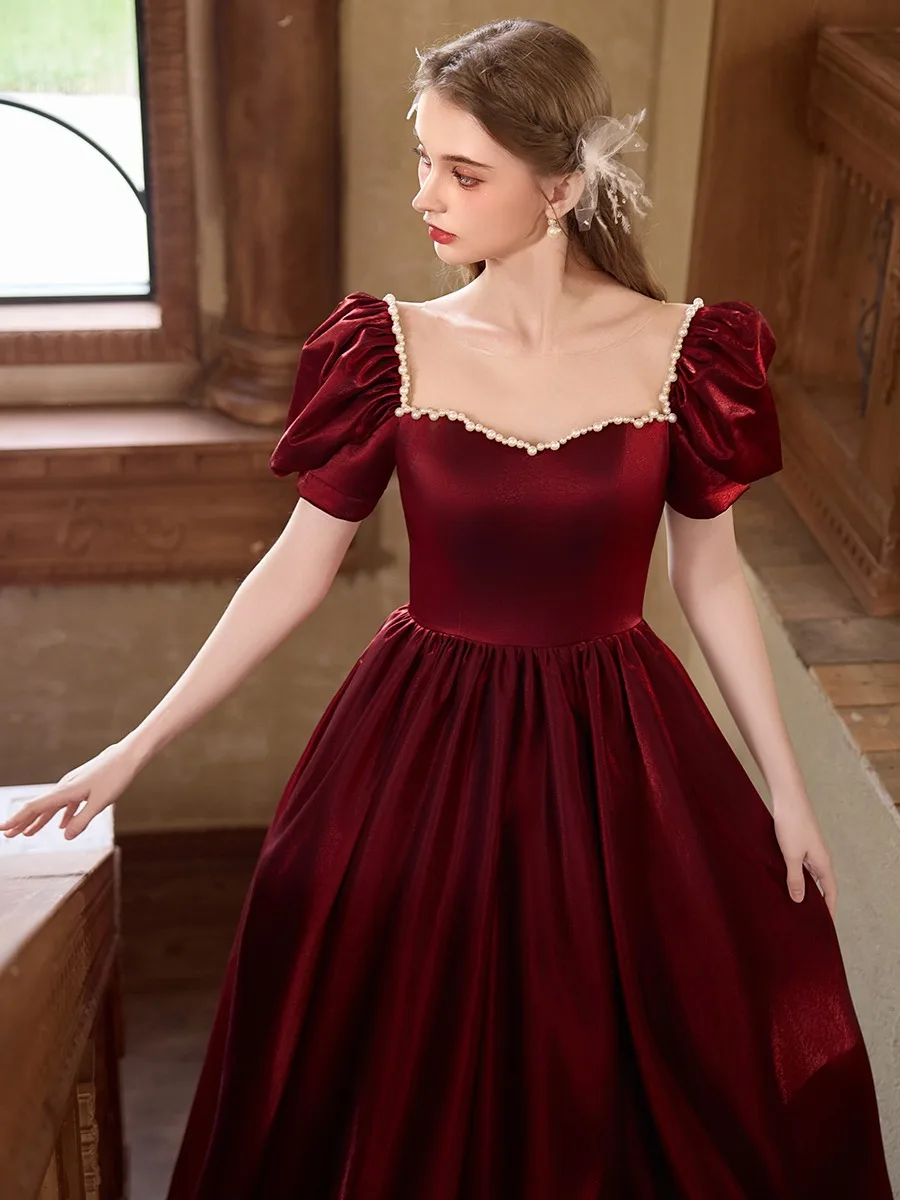 Chic Beautiful Burgundy Pearl Prom Dresses 2025 A-Line Princess Square Neckline Puffy Chic Beautiful Burgundy Pearl Prom Dresses 2025 A-Line Princess Square Neckline Puffy