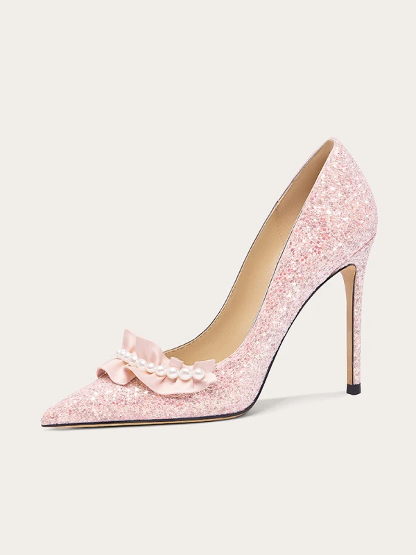Charmant Perle Pailletten Leder Pink Brautschuhe 2024 10 cm Stilettos Spitzschuh Hochzeit Pumps Hochhackige