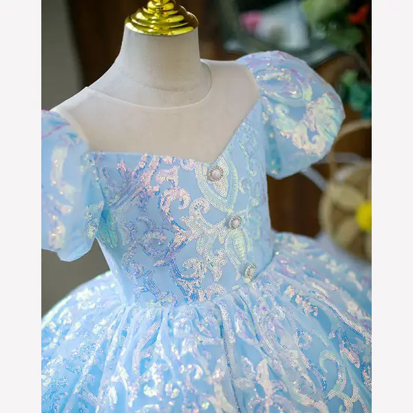 Sparkly Sky Blue Pearl Sequins Birthday Flower Girl Dresses 2022 Ball Gown Scoop Neck Puffy Short Sleeve Backless Short Flower Girl Dresses