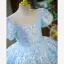 Sparkly Sky Blue Pearl Sequins Birthday Flower Girl Dresses 2022 Ball Gown Scoop Neck Puffy Short Sleeve Backless Short Flower Girl Dresses