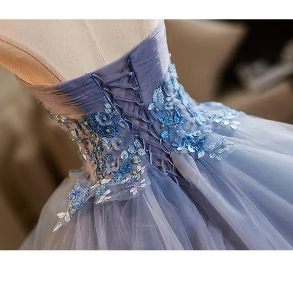 Chic / Beautiful Sky Blue Pearl Lace Flower Appliques Prom Dresses 2025 Ball Gown Strapless Sleeveless Backless Floor-Length / Long Prom Formal Dresses