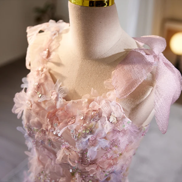 Flower Fairy Blushing Pink Appliques Sequins Prom Dresses 2023 A-Line / Princess V-Neck Sleeveless Backless Floor-Length / Long Prom Formal Dresses