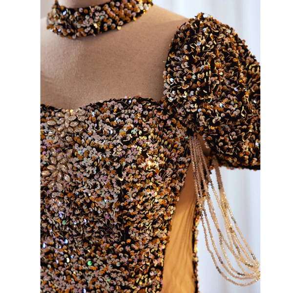 Scintillantes Multi-Couleurs Faux Diamant Paillettes Robe De Bal 2023 Encolure Carrée Princesse Manches Courtes Dos Nu Longue Promo Robe De Ceremonie