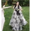 Fashion Black Printing Prom Dresses 2023 A-Line / Princess Off-The-Shoulder Short Sleeve Backless Bow Sash Floor-Length / Long Prom Formal Dresses