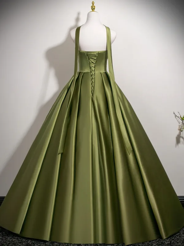 Fashion Sage Green Satin Prom Dresses 2025 Ball Gown Strapless Sleeveless Backless Floor-Length / Long Formal Dresses