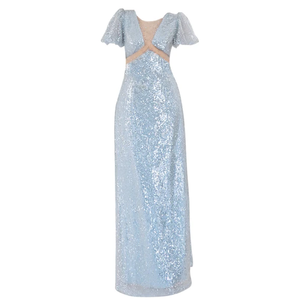 Sparkly Sky Blue Sequins Evening Dresses 2022 A-Line / Princess Scoop Neck Short Sleeve Floor-Length / Long Evening Party Formal Dresses