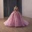 Luxury / Gorgeous Lovely Blushing Pink Pearl Sequins Appliques Prom Dresses 2026 Ball Gown Off-The-Shoulder Short Sleeve Backless Bow Chapel Train Formal Dresses