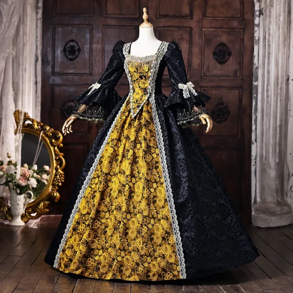 Vintage / Retro Medieval Black Halloween Lace Flower Printing Bow Prom Dresses 2026 Ball Gown Square Neckline Bell sleeves Floor-Length / Long Formal Dresses