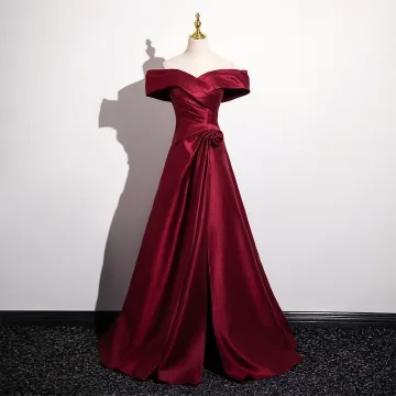Minimalistisch Burgunderrot Satin Ballkleider 2025 A Linie Off Shoulder Kurze Ärmel Rückenfreies Lange Ball Festliche Kleider