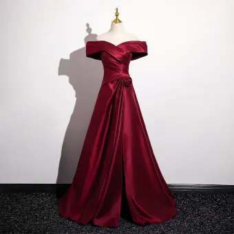 Minimalista Borgoña Satén Vestidos De Gala 2025 A Line Princess Fuera Del Hombro Manga Corta Sin Espalda Largos Gala Vestidos Formales