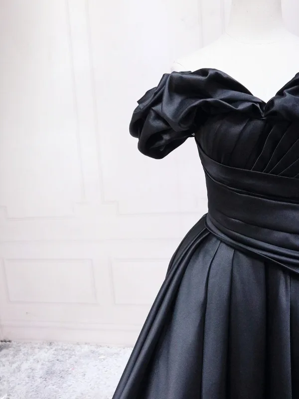 Elegant Black Prom Dresses 2025 Ball Gown Off-The-Shoulder Puffy Short Sleeve Backless Floor-Length / Long Prom Formal Dresses