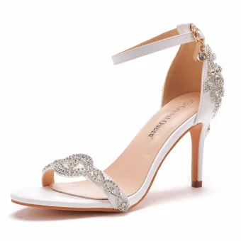 Charmant Blanche Faux Diamant Chaussure De Mariée 2022 Bride Cheville 8 Cm Talons Aiguilles Peep Toes Bout Ouvert Mariage Sandales Talons Hauts