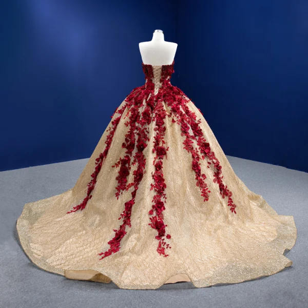 High-end Burgundy Beading Pearl Sequins Lace Flower Appliques Prom Dresses 2022 Ball Gown Strapless Sleeveless Backless Chapel Train