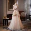 Fashion Blushing Pink Bow Sash Prom Dresses 2025 A-Line / Princess Scoop Neck Sleeveless Backless Sweep Train Formal Dresses