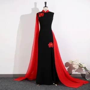 Style Chinois Noire En Dentelle Fleur Soirée Cheongsam 2025 Trompette Sirène Col Haut Sans Manches Longue
