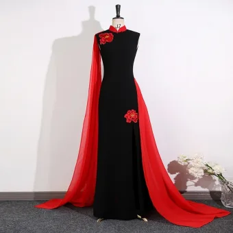 Kinesisk Stil Svarta Spets Blomma Afton Cheongsam 2025 Trumpet Sjöjungfru Hög Hals Ärmlös Långa