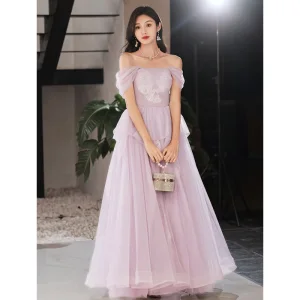 Simple Lavande En Dentelle Fleur Robe De Bal Princesse 2023 De L Épaule Sans Manches Dos Nu Longue Tulle Promo Robe De Ceremonie
