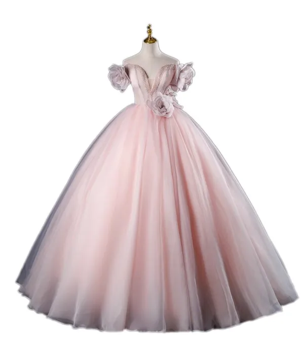 Chic / Beautiful Blushing Pink Appliques Prom Dresses 2023 Ball Gown Pearl Strapless Sleeveless Backless Floor-Length / Long Prom Formal Dresses