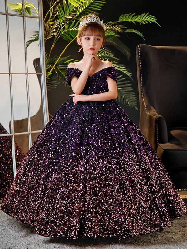 Sparkly Purple Sequins Birthday Flower Girl Dresses 2024 Ball Gown Scoop Neck Short Sleeve Backless Floor-Length / Long