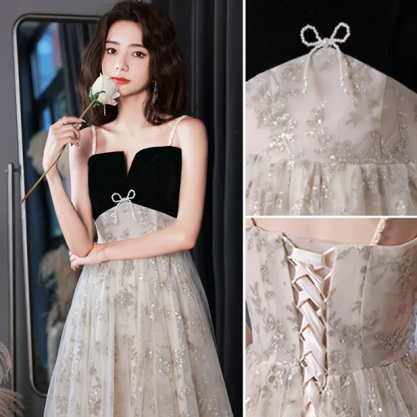 Chic / Beautiful Black Prom Dresses 2022 A-Line / Princess Spaghetti Straps Sleeveless Backless Pearl Sequins Floor-Length / Long Formal Dresses