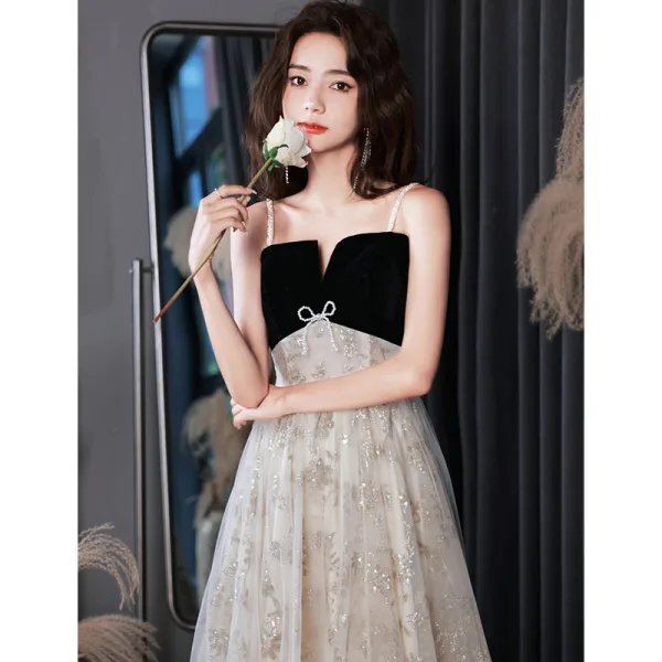 Chic / Beautiful Black Prom Dresses 2022 A-Line / Princess Spaghetti Straps Sleeveless Backless Pearl Sequins Floor-Length / Long Formal Dresses