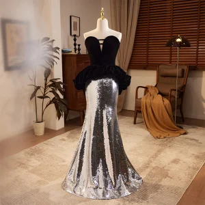 Sparkly Black Sequins Evening Dresses 2023 Trumpet Mermaid Strapless Sleeveless Backless Floor Length Long Evening Party Formal Dresses