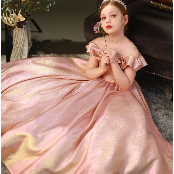 Elegant Candy Pink Sequins Flower Girl Dresses Prom 2022 Ball Gown Scoop Neck Short Sleeve Bow Floor-Length / Long Flower Girl Dresses