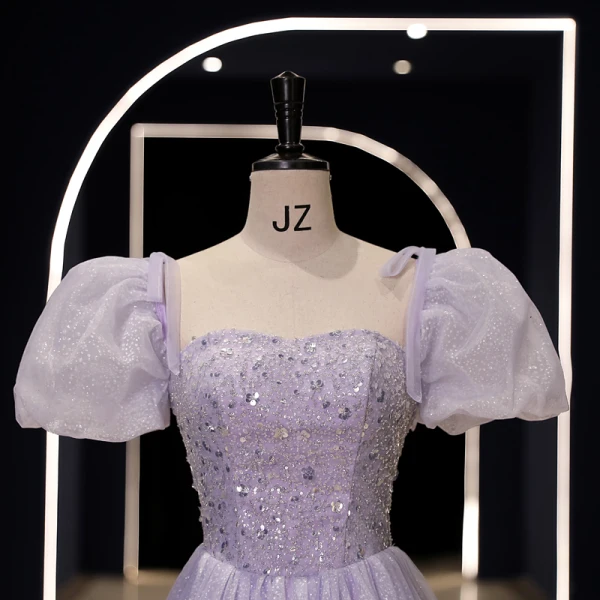 Elegante Lavendel Pailletten Ballkleider 2023 A Linie Eckiger Ausschnitt Geschwollenes Kurze Ärmel Rückenfreies Lange Ball Festliche Kleider
