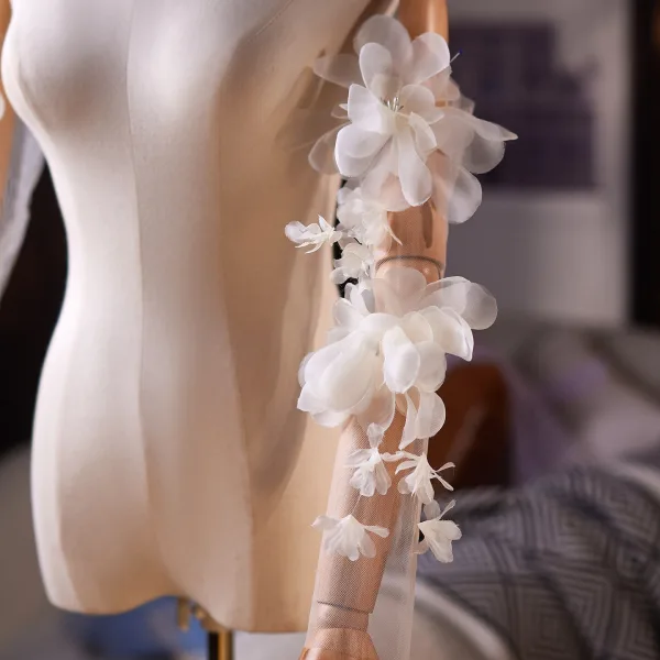 Elegante Champagner Handgefertigt Applikationen Tülle Brauthandschuhe 2026 Hochzeit Schulterschmuck