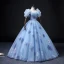Elegant Pool Blue Prom Dresses 2022 Ball Gown Strapless Puffy Short Sleeve Backless Floor-Length / Long Prom Formal Dresses