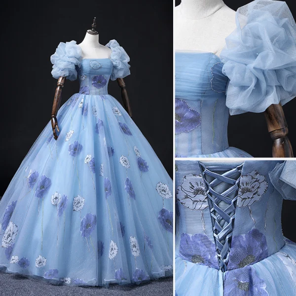 Elegant Pool Blue Prom Dresses 2022 Ball Gown Strapless Puffy Short Sleeve Backless Floor-Length / Long Prom Formal Dresses