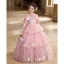 Lovely Blushing Pink Beading Pearl Sequins Appliques Birthday Flower Girl Dresses 2025 Ball Gown Scoop Neck Short Sleeve Backless Floor-Length / Long