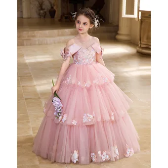 Lovely Blushing Pink Beading Pearl Sequins Appliques Birthday Flower Girl Dresses 2025 Ball Gown Scoop Neck Short Sleeve Backless Floor Length Long