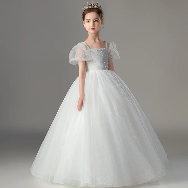 Chic / Beautiful White Pearl Wedding Flower Girl Dresses 2022 Ball Gown Square Neckline Puffy Short Sleeve Backless Floor-Length / Long Flower Girl Dresses