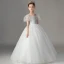 Chic / Beautiful White Pearl Wedding Flower Girl Dresses 2022 Ball Gown Square Neckline Puffy Short Sleeve Backless Floor-Length / Long Flower Girl Dresses